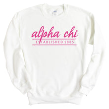 Load image into Gallery viewer, Alpha Chi Omega Sweatshirt | ACHIO Pink Established Crewneck Sweatshirt | Alpha Chi Omega Sorority Gift Idea - Kite and Crest
