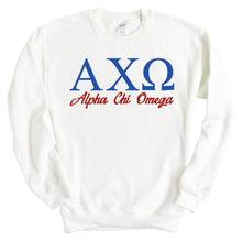 Load image into Gallery viewer, Alpha Chi Omega Sweatshirt | ACHIO Red and Blue Crewneck Sweatshirt | Alpha Chi Omega Sorority Gift Idea - Kite and Crest
