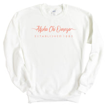 Load image into Gallery viewer, Alpha Chi Omega Sweatshirt | ACHIO White Script Letter Crewneck Sweatshirt | Alpha Chi Omega Sorority Gift Idea - Kite and Crest
