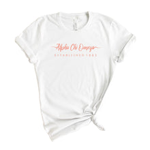 Load image into Gallery viewer, Alpha Chi Omega T-Shirt | ACHIO White Script Letter Shirt | Alpha Chi Omega Sorority Gift Idea - Kite and Crest
