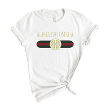 Load image into Gallery viewer, Alpha Chi Omega T-shirt - AXO Golden Stripes Tee - Kite and Crest
