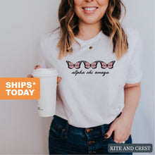 Load image into Gallery viewer, Alpha Chi Omega T-shirt - AXO Three Butterflies Tee - Kite and Crest
