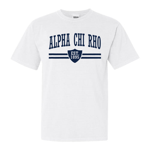 Alpha Chi Rho Striped Shield Comfort Colors T-Shirt - Fraternity Tee - Kite and Crest