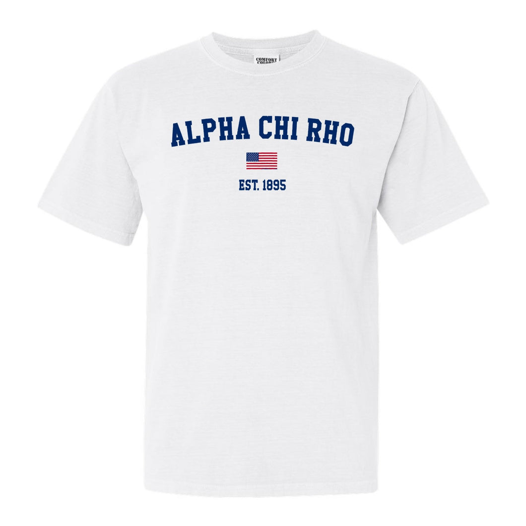 Alpha Chi Rho USA Flag Comfort Colors T-Shirt - Fraternity Tee - Kite and Crest