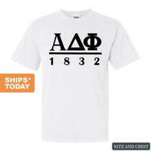 Load image into Gallery viewer, Alpha Delta Phi Black Letter Comfort Colors T-Shirt - Fraternity Tee - Kite and Crest
