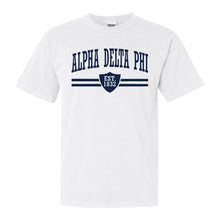 Load image into Gallery viewer, Alpha Delta Phi Striped Shield Comfort Colors T-Shirt - Fraternity Tee - Kite and Crest
