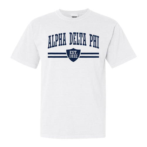 Alpha Delta Phi Striped Shield Comfort Colors T-Shirt - Fraternity Tee - Kite and Crest