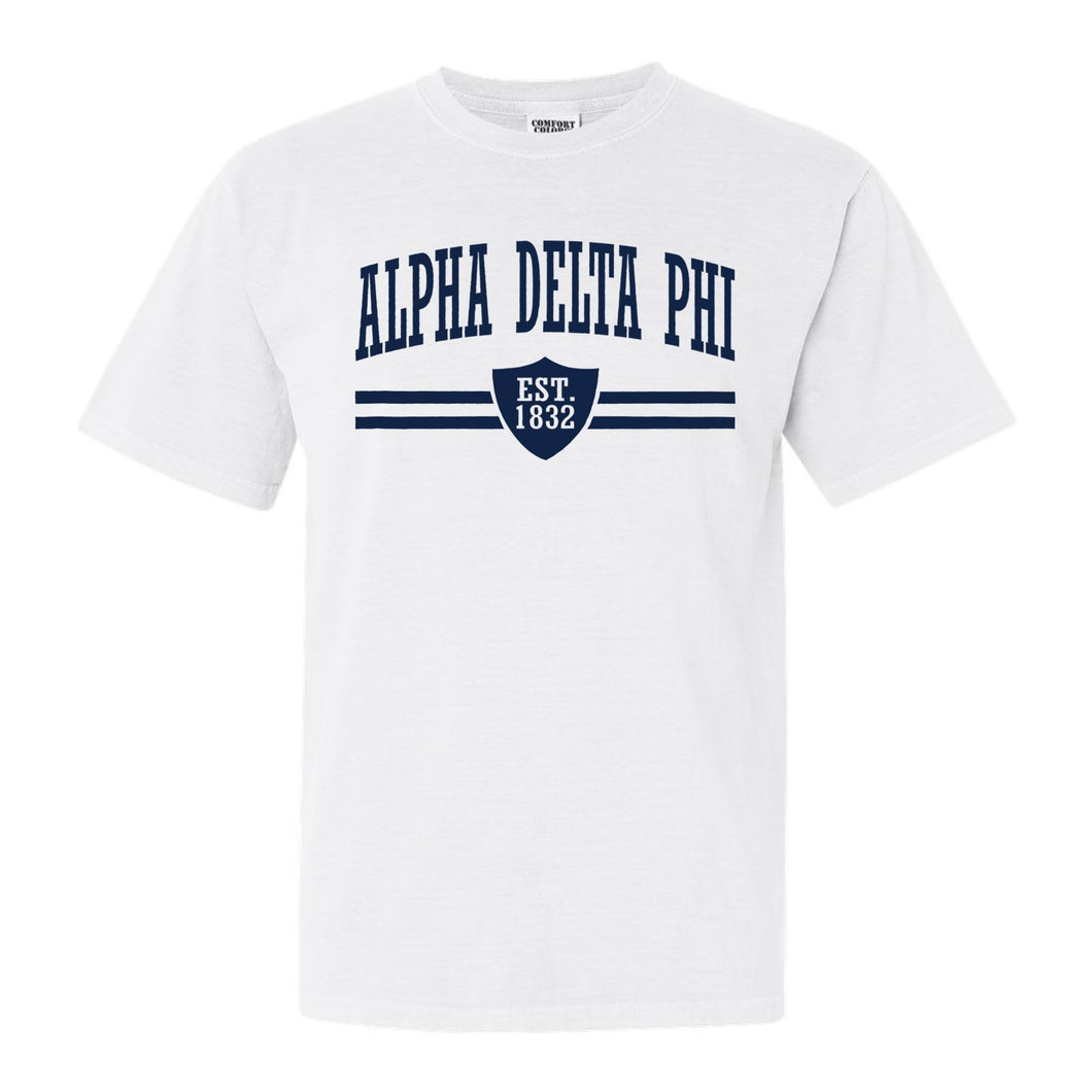 Alpha Delta Phi Striped Shield Comfort Colors T-Shirt - Fraternity Tee - Kite and Crest