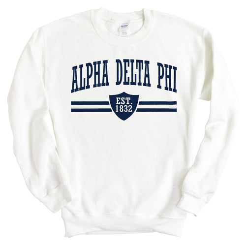 Alpha Delta Phi Striped Shield Sweatshirt - Fraternity Crewneck Sweatshirt - Kite and Crest