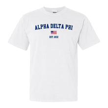Load image into Gallery viewer, Alpha Delta Phi USA Flag Comfort Colors T-Shirt - Fraternity Tee - Kite and Crest
