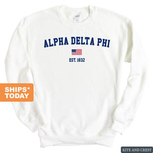 Load image into Gallery viewer, Alpha Delta Phi USA Flag Sweatshirt - Fraternity Crewneck Sweatshirt - Kite and Crest
