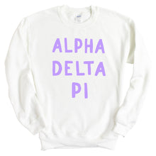 Load image into Gallery viewer, Alpha Delta Pi Sweatshirt - ADPI Purple Bubble Letters Crewneck Sweatshirt - Kite and Crest
