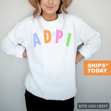 Load image into Gallery viewer, Alpha Delta Pi Sweatshirt | ADPI Rainbow Letter Crewneck Sweatshirt | Alpha Delta Pi Sorority Gift Idea - Kite and Crest
