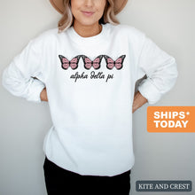 Load image into Gallery viewer, Alpha Delta Pi Sweatshirt - ADPI Three Butterflies Crewneck Sweatshirt - Kite and Crest
