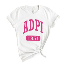 Load image into Gallery viewer, Alpha Delta Pi T-Shirt | ADPI Large Established Shirt | Alpha Delta Pi Sorority Gift Idea - Kite and Crest
