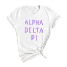 Load image into Gallery viewer, Alpha Delta Pi T-shirt - ADPI Purple Bubble Letters Tee - Kite and Crest
