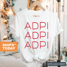 Load image into Gallery viewer, Alpha Delta Pi T-Shirt | ADPI Red and Stacked Shirt | Alpha Delta Pi Sorority Gift Idea - Kite and Crest
