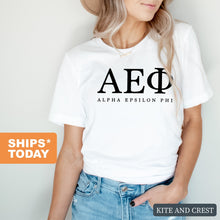 Load image into Gallery viewer, Alpha Epsilon Phi Block Letter Sorority T-Shirt - Kite and Crest
