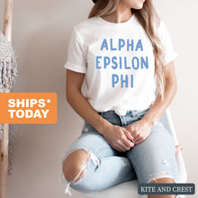 Load image into Gallery viewer, Alpha Epsilon Phi Blue Bubble Letter Sorority T-Shirt - Kite and Crest
