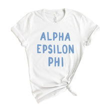 Load image into Gallery viewer, Alpha Epsilon Phi Blue Bubble Letter Sorority T-Shirt - Kite and Crest
