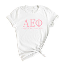 Load image into Gallery viewer, Alpha Epsilon Phi Pink Letter Sorority T-Shirt - Kite and Crest
