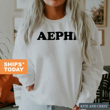 Load image into Gallery viewer, Alpha Epsilon Phi Sweatshirt - AEPHI Block Name Crewneck Sweatshirt - Kite and Crest
