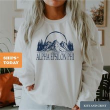 Load image into Gallery viewer, Alpha Epsilon Phi Sweatshirt | AEPHI Epic Mountains Crewneck Sweatshirt | Alpha Epsilon Phi Sorority Gift Idea - Kite and Crest
