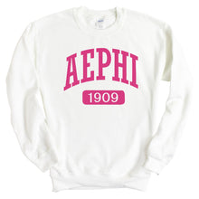 Load image into Gallery viewer, Alpha Epsilon Phi Sweatshirt | AEPHI Large Established Crewneck Sweatshirt | Alpha Epsilon Phi Sorority Gift Idea - Kite and Crest
