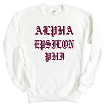 Load image into Gallery viewer, Alpha Epsilon Phi Sweatshirt | AEPHI Old Type Written Crewneck Sweatshirt | Alpha Epsilon Phi Sorority Gift Idea - Kite and Crest
