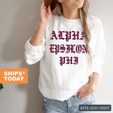 Load image into Gallery viewer, Alpha Epsilon Phi Sweatshirt | AEPHI Old Type Written Crewneck Sweatshirt | Alpha Epsilon Phi Sorority Gift Idea - Kite and Crest
