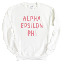 Load image into Gallery viewer, Alpha Epsilon Phi Sweatshirt | AEPHI Pink Bubble Letters Crewneck Sweatshirt | Alpha Epsilon Phi Sorority Gift Idea - Kite and Crest
