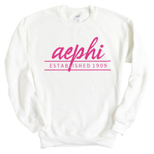 Load image into Gallery viewer, Alpha Epsilon Phi Sweatshirt | AEPHI Pink Established Crewneck Sweatshirt | Alpha Epsilon Phi Sorority Gift Idea - Kite and Crest
