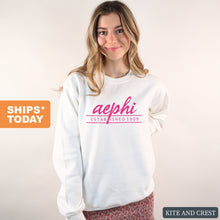 Load image into Gallery viewer, Alpha Epsilon Phi Sweatshirt | AEPHI Pink Established Crewneck Sweatshirt | Alpha Epsilon Phi Sorority Gift Idea - Kite and Crest
