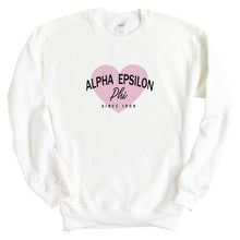 Load image into Gallery viewer, Alpha Epsilon Phi Sweatshirt | AEPHI Pink Heart Crewneck Sweatshirt | Alpha Epsilon Phi Sorority Gift Idea - Kite and Crest
