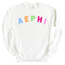 Load image into Gallery viewer, Alpha Epsilon Phi Sweatshirt | AEPHI Rainbow Letter Crewneck Sweatshirt | Alpha Epsilon Phi Sorority Gift Idea - Kite and Crest
