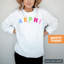 Load image into Gallery viewer, Alpha Epsilon Phi Sweatshirt | AEPHI Rainbow Letter Crewneck Sweatshirt | Alpha Epsilon Phi Sorority Gift Idea - Kite and Crest
