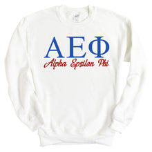 Load image into Gallery viewer, Alpha Epsilon Phi Sweatshirt | AEPHI Red and Blue Crewneck Sweatshirt | Alpha Epsilon Phi Sorority Gift Idea - Kite and Crest
