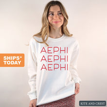 Load image into Gallery viewer, Alpha Epsilon Phi Sweatshirt | AEPHI Red and Stacked Crewneck Sweatshirt | Alpha Epsilon Phi Sorority Gift Idea - Kite and Crest
