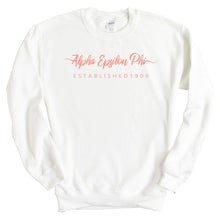 Load image into Gallery viewer, Alpha Epsilon Phi Sweatshirt | AEPHI White Script Letter Crewneck Sweatshirt | Alpha Epsilon Phi Sorority Gift Idea - Kite and Crest
