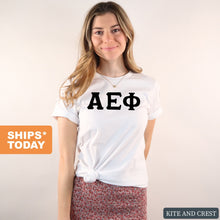 Load image into Gallery viewer, Alpha Epsilon Phi T-Shirt | AEPHI Basic Black Letters Shirt | Alpha Epsilon Phi Sorority Gift Idea - Kite and Crest
