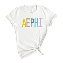 Load image into Gallery viewer, Alpha Epsilon Phi T-shirt - AEPHI Colorful Lined Tee - Kite and Crest
