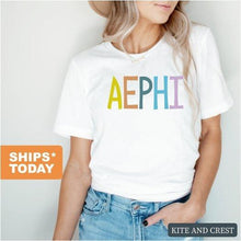 Load image into Gallery viewer, Alpha Epsilon Phi T-shirt - AEPHI Colorful Lined Tee - Kite and Crest
