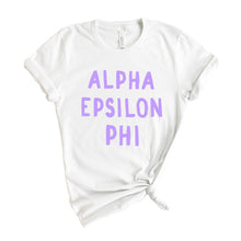 Load image into Gallery viewer, Alpha Epsilon Phi T-shirt - AEPHI Purple Bubble Letters Tee - Kite and Crest
