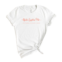 Load image into Gallery viewer, Alpha Epsilon Phi T-Shirt | AEPHI White Script Letter Shirt | Alpha Epsilon Phi Sorority Gift Idea - Kite and Crest
