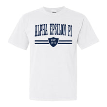 Load image into Gallery viewer, Alpha Epsilon Pi Comfort Colors T-Shirt - AEPI Striped Shield Shirt - Kite and Crest
