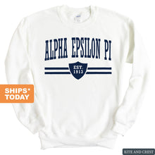 Load image into Gallery viewer, Alpha Epsilon Pi Sweatshirt - AEPI Striped Shield Crewneck Sweatshirt - Kite and Crest
