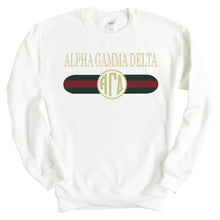 Load image into Gallery viewer, Alpha Gamma Delta Sweatshirt - AGD (Alpha Gam) Golden Stripes Crewneck Sweatshirt - Kite and Crest
