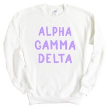 Load image into Gallery viewer, Alpha Gamma Delta Sweatshirt - AGD (Alpha Gam) Purple Bubble Letters Crewneck Sweatshirt - Kite and Crest
