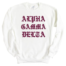 Load image into Gallery viewer, Alpha Gamma Delta Sweatshirt | AGD Old Type Written Crewneck Sweatshirt | Alpha Gamma Delta Sorority Gift Idea - Kite and Crest
