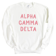 Load image into Gallery viewer, Alpha Gamma Delta Sweatshirt | AGD Pink Bubble Letters Crewneck Sweatshirt | Alpha Gamma Delta Sorority Gift Idea - Kite and Crest
